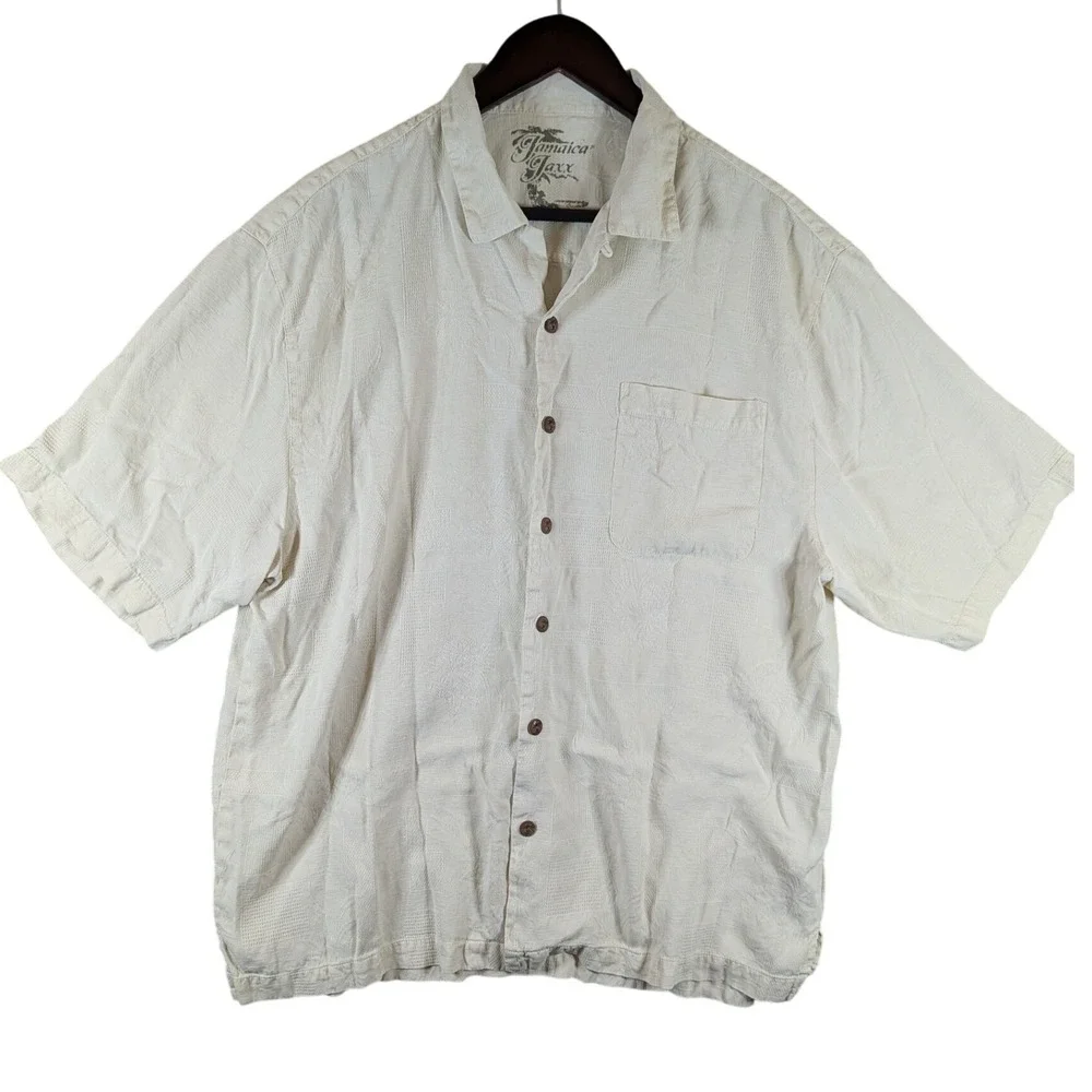 Jamaica‎ Jaxx Silk Button Up Shirt Jacquard Short Sleeve Cream Beige Mens Large